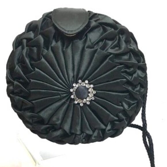 Sharmark Las Vegas Ruched  Black Satin Round Evening Crossbody Bag Purse VTG - Picture 1 of 11